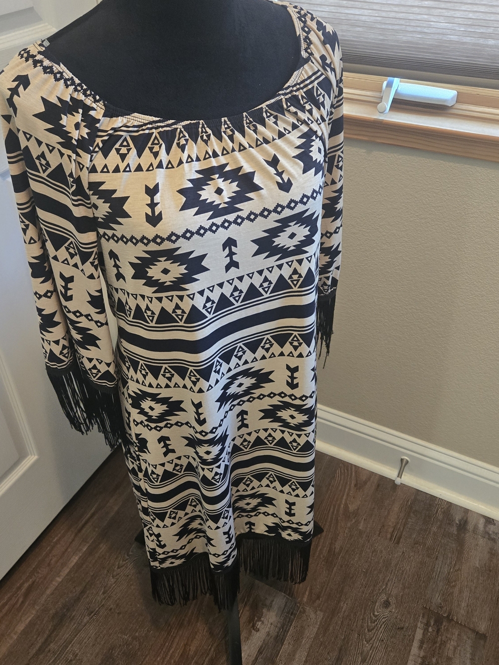 2B Together Black and Cream Aztec Off-Shoulder Dress with Fringe